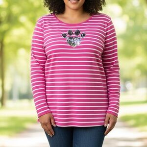 Quacker Factory Pink Stripes Paw Print Sequins Knit Top‎ Size 2X